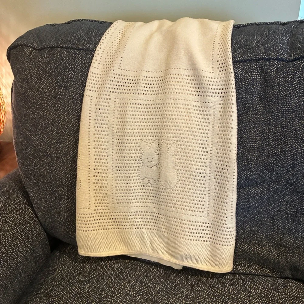Lands End Baby Blanket Infant White Bunny Pointelle Cotton Nursery Cottagecore